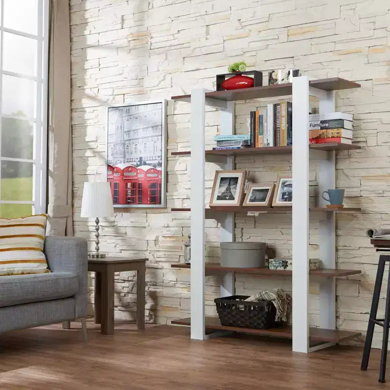 Libreria a 5 ripiani da 158,5 cm, noce/bianco, montaggio a 1 persona