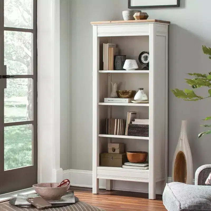 Libreria alta 150 cm, avorio e legno naturale, 3 ripiani