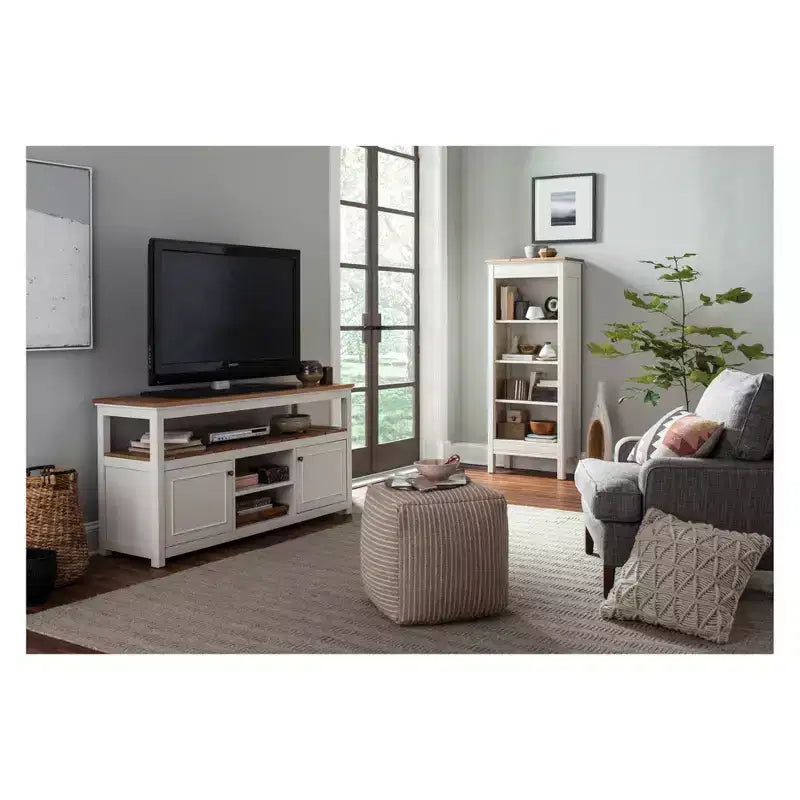 Libreria alta 150 cm, avorio e legno naturale, 3 ripiani