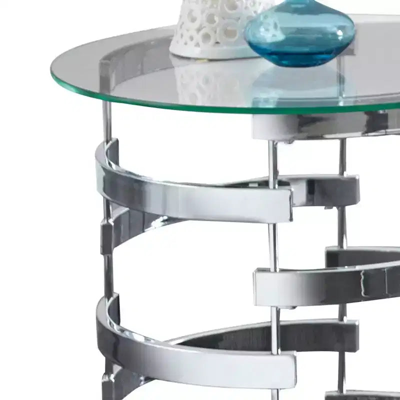 Tavolino con Piano Rotondo in Vetro – Struttura Cromata Argento, Piano Trasparente, 1 Pezzo
