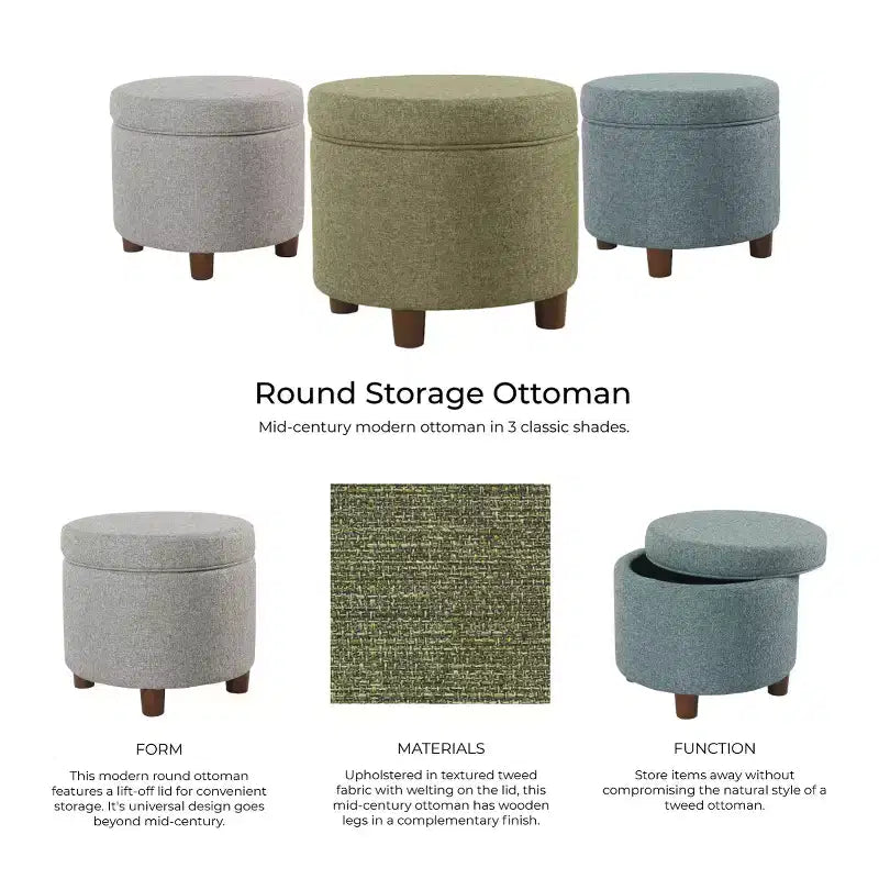 Pouf contenitore rotondo, imbottito, monoposto, vari colori