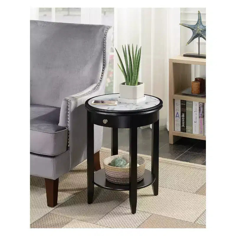 Tavolino quadrato con cassetto, Marmo Bianco/Espresso e Mogano/Finto Marmo